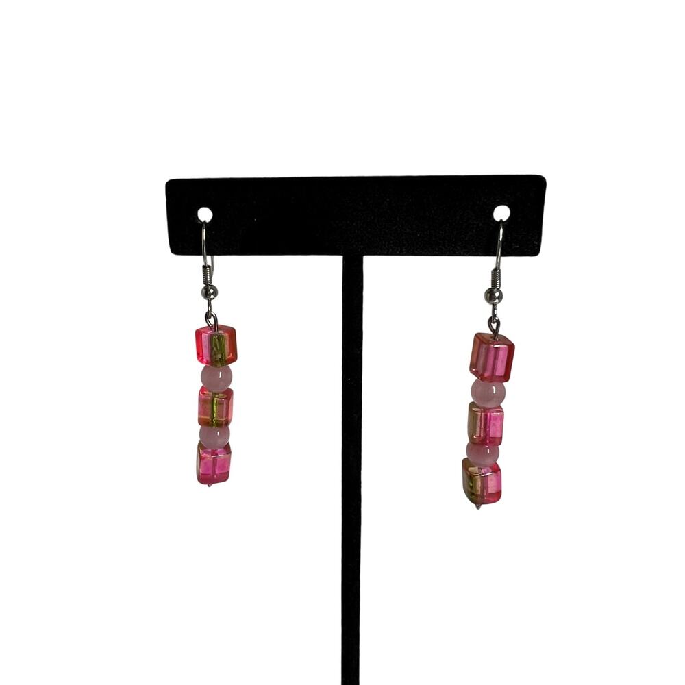 Pink Beaded Drop Earrings Multicolor Cube Bead Dangle Silver Tone 2in